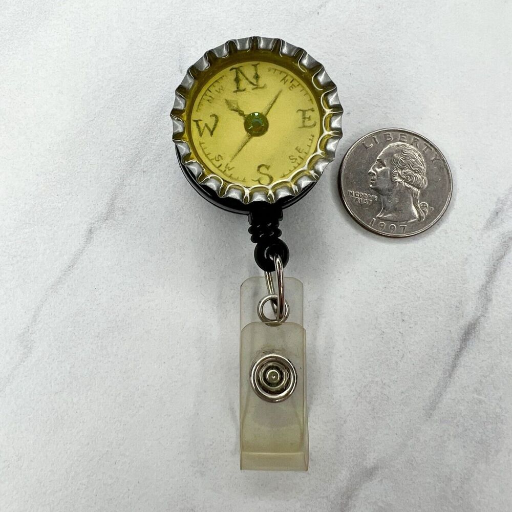 Bottle Cap Rhinestone Faux Compass Retractable Badge ID Holder